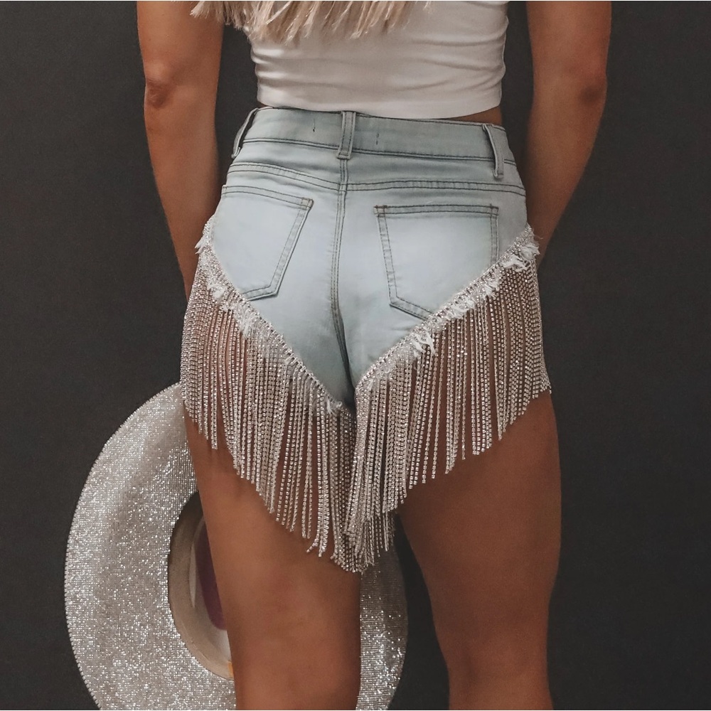 Rhinestones Are A Girls Bestfriend Denim Fringe Shorts